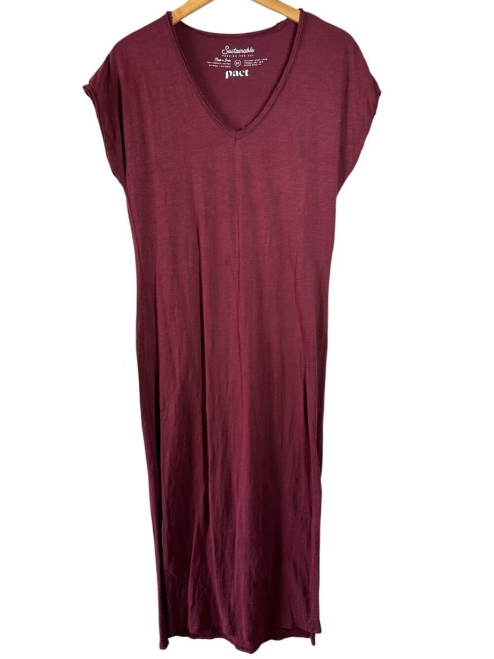 Pact Organic Cotton V-Neck Maxi Dress Burgundy Maroon Size M Sustainable - Picture 2 of 4